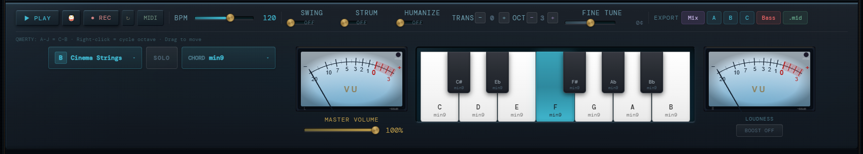 Keyboard, meters, and export tools inside Harmonie Keys