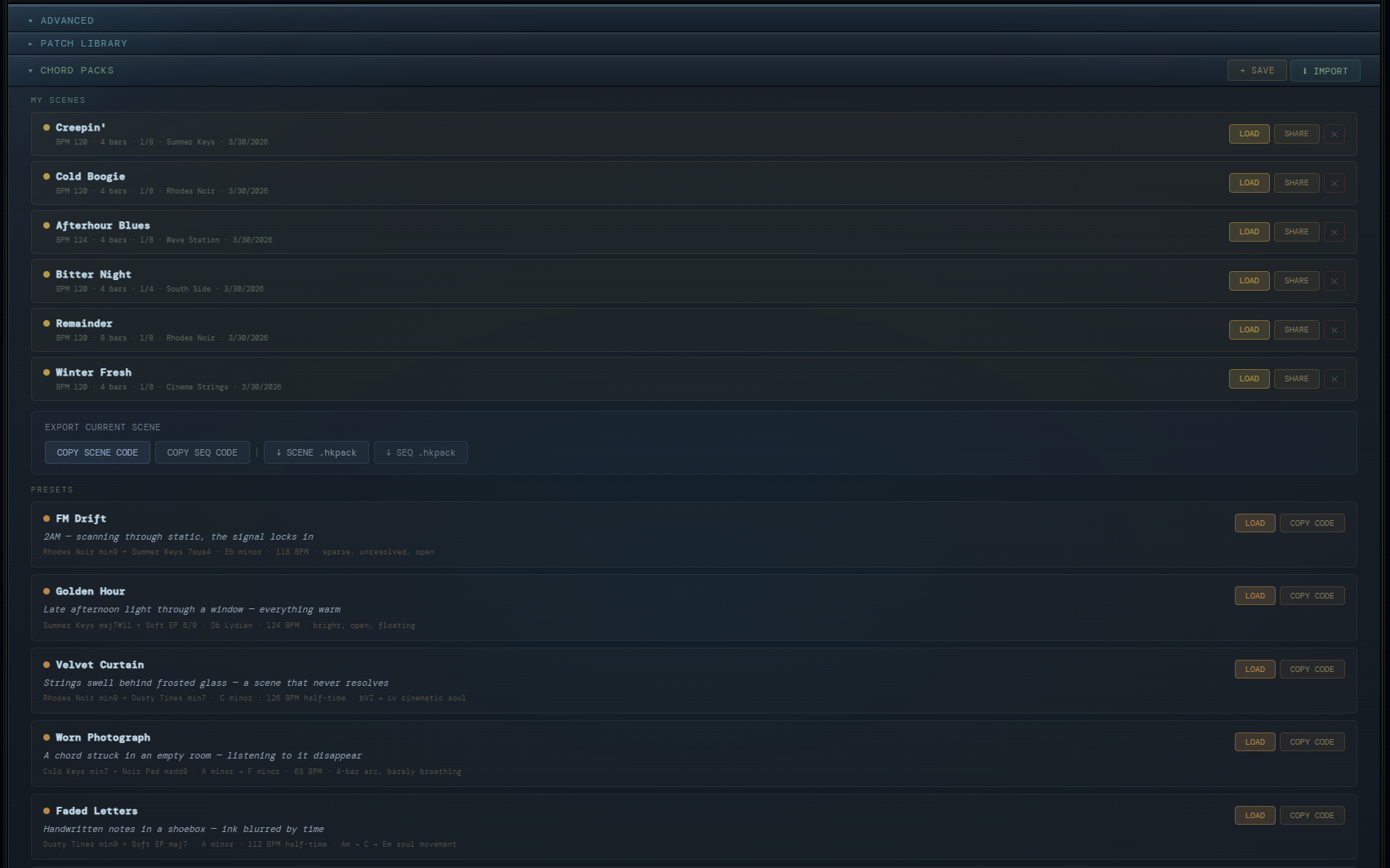 Saved scenes and preset jumpstarters inside Harmonie Keys