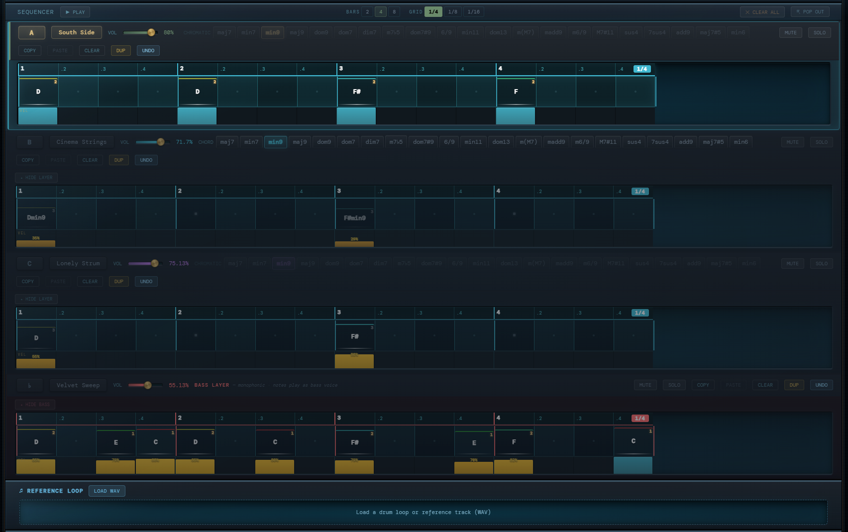 Sequencer grid and reference loop inside Harmonie Keys